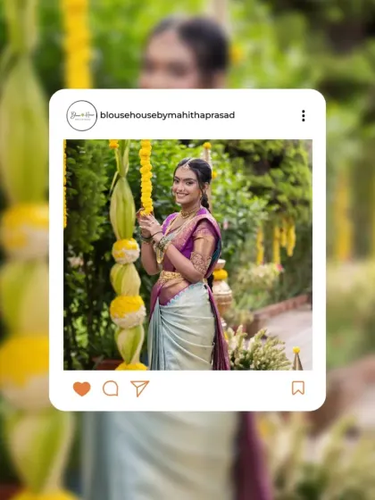 A social media post featuring a bride in a violet raw silk blouse, a true masterpiece for a South Indian bride.