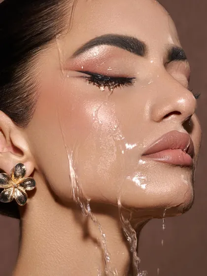 An exploration of beauty in motion. Here, we used cascading water to interact with the makeup, creating unique textures and light reflections. This conceptual shot is about capturing a fleeting, dramatic moment.