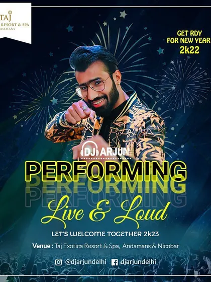 The official poster for my New Year's Eve 2023 event in the Andaman and Nicobar Islands. I am trusted by top brands like Taj to headline their major events.