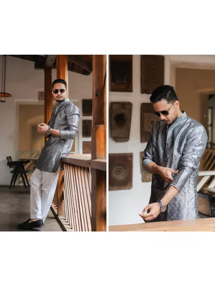 A collage of the groom looking stylish and relaxed in his traditional attire, getting ready for the ceremony.