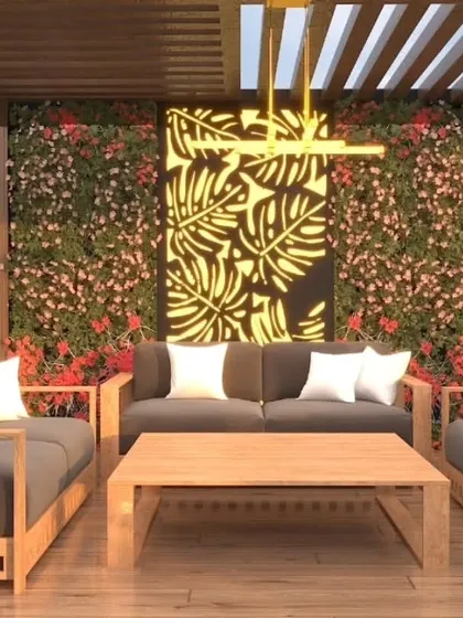 A close-up of the seating area from the previous render. This view details the modern wooden furniture and the warm glow from the backlit panel and wall sconces.