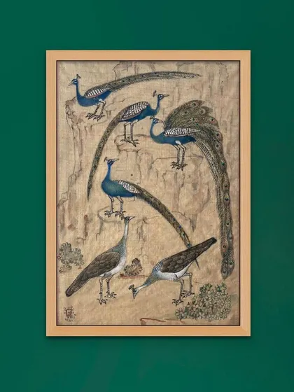 A beautiful watercolour on cloth from 1965 by Devaki Nandan Sharma, one of Rajasthan's most famous bird artists. It depicts an ostentation of six Indian blue peacocks and peahens, showcasing his mastery as a bird specialist.