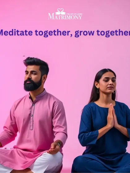 A couple meditates in a pink and blue color scheme. The message is simple and direct: "Meditate together, grow together," which is a core principle of our matchmaking.