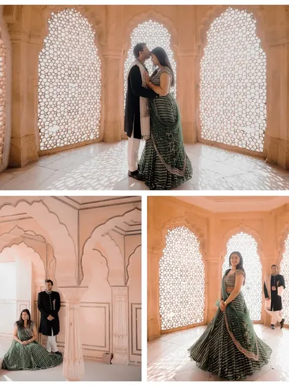 The intricate latticework (jaali) of Patrika Gate provides a stunning and uniquely Jaipur backdrop for these elegant pre-wedding portraits.