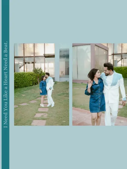 A beautifully designed two-panel layout of the couple in a modern setting, with a clean aesthetic that emphasizes their connection.