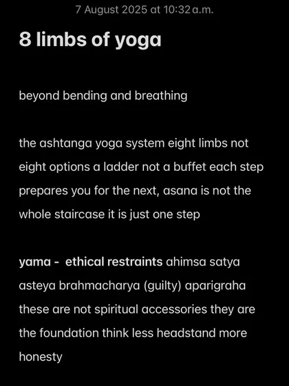 The 8 Limbs of Yoga are a ladder, not a buffet. It starts with Yama (ethical restraints) like honesty, not spiritual accessories.