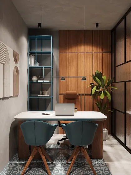 This 3D render showcases a private office cabin design. I combined warm wood paneling with a modern fluted glass partition to create a space that feels both open and private. The patterned floor tiles and minimalist art add character, while the focused lighting ensures a productive environment.