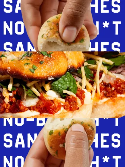 A collage showing the inside of the Lamb Arrabbiata Knot sandwich.