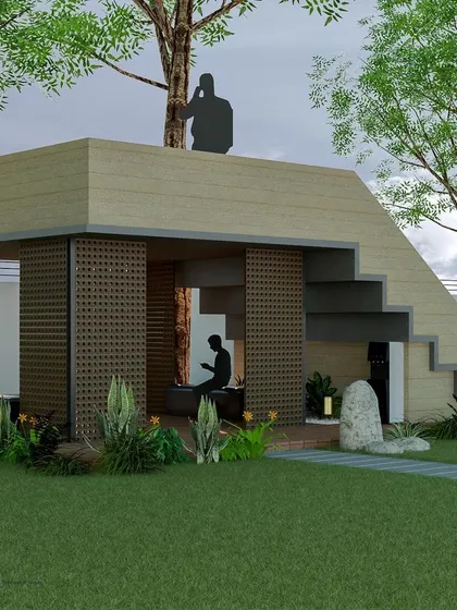 This view shows the dual-purpose nature of the treehouse concept. It offers a sheltered space below and an elevated platform above, providing two different ways to experience the surrounding green space.