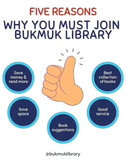 Here are five great reasons why you should join the Bukmuk library. We help you save money and space, offer the best collection of books, provide personalized suggestions, and deliver excellent service.