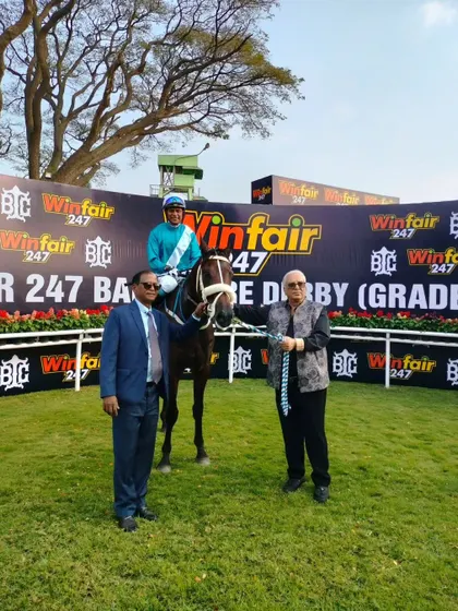 Shamrock, with jockey Suraj Narredu, after winning The Bangalore Race Course 161st Year Commemoration Trophy.