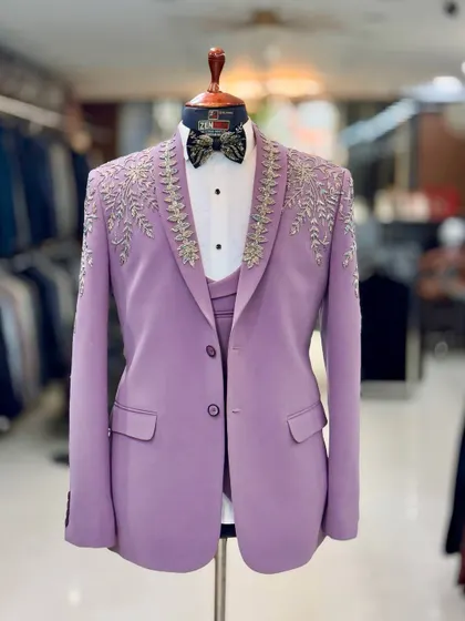 I love pushing boundaries with color. This custom lavender tuxedo, featuring delicate silver embroidery, is for the modern man who isn't afraid to stand out at a cocktail party or sangeet.