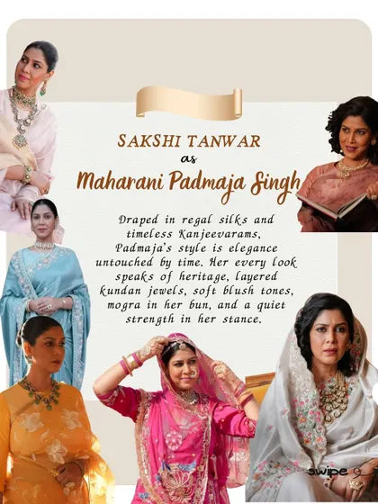 Maharani Padmaja Singh embodies timeless grace. Draped in regal silks and heritage Kanjeevarams, her every look speaks of quiet strength, layered kundan jewels, and elegance untouched by time.