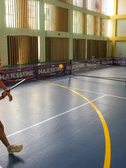 A player prepares to hit a forehand during a competitive pickleball match. Our facility is the ideal place to enjoy this growing sport.