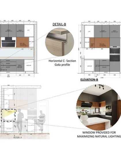 Our design elevations for the Cube House kitchen illustrate the careful balance of materials and the placement of appliances. We maximized natural light by positioning a large window over the sink.