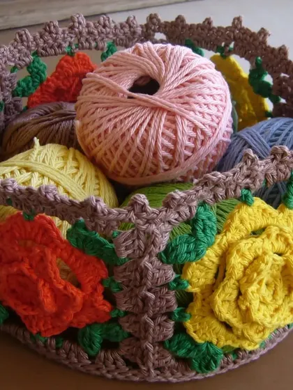 My rose granny square basket is also perfect for holding yarn. It's a beautiful and functional piece of home decor for any fellow crafter.