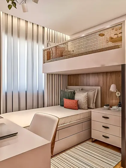 For compact Bangalore apartments, I design smart space-saving solutions. This custom loft bed integrates a comfortable sleeping area above a dedicated study space and storage, making the most of a small room's vertical space.