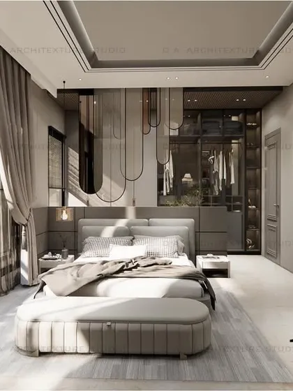 Option A for a client's bed-back style, featuring a sleek, modern design with glass partitions and a neutral grey palette.