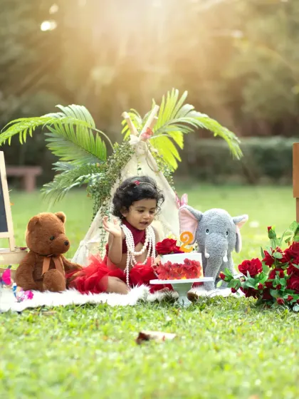 A wide shot of the adorable picnic setup for a second birthday. The teddy bear and elephant join the party, creating a whimsical scene for this outdoor cakesmash.