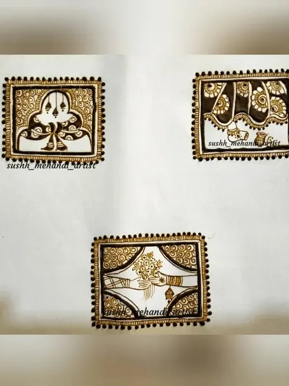 These are practice squares showing different wedding ceremony motifs. From the pheras to the varmala, I teach students how to draw these special moments to include in bridal designs.