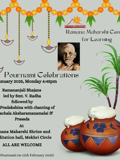 Our invitation to Pournami celebrations, featuring Ramananjali Bhajans. The imagery of Pongal pots and marigolds marks the festive spirit of the season, welcoming all to join in the chanting and worship.