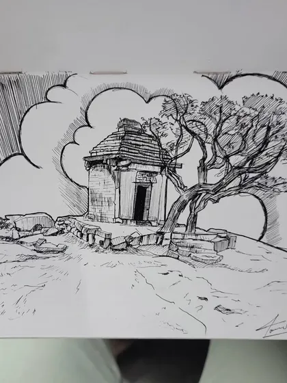 An ink drawing I did using Micron pens. This style of pen and ink art is something we practice in our outdoor sessions, focusing on line work and creating atmosphere with simple tools.