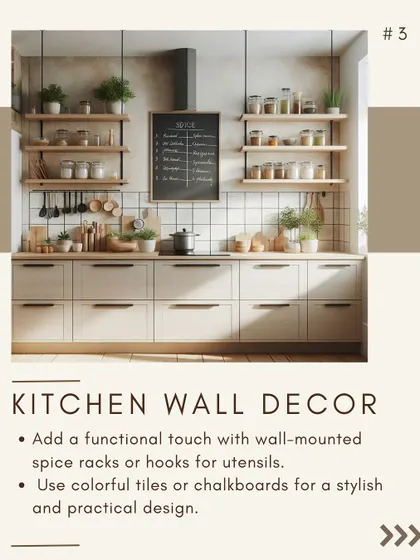 Kitchen wall decor can be both stylish and practical. This design features open shelving for spices, hooks for utensils, and a chalkboard for notes, adding a functional touch.