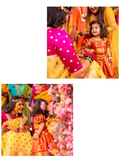 A collage showing tender moments from a Haldi ceremony, including a young flower girl participating in the rituals.