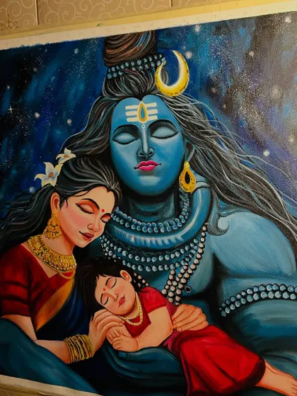 Another angle of the 24x24 inch Shiv Parivar canvas. This view highlights the cosmic, starry background and the peaceful expressions of both Shiv and Parvati, creating a feeling of universal harmony.