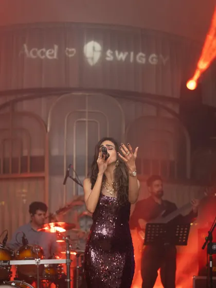 A wide shot of the stage at the Swiggy x Accel party, showing the full band and professional setup we bring to every corporate gig.