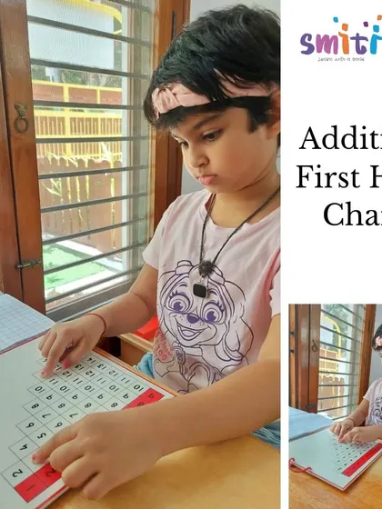 A student uses the first addition chart to find the sum of two numbers. This visual and tactile tool helps make the abstract concept of addition concrete.