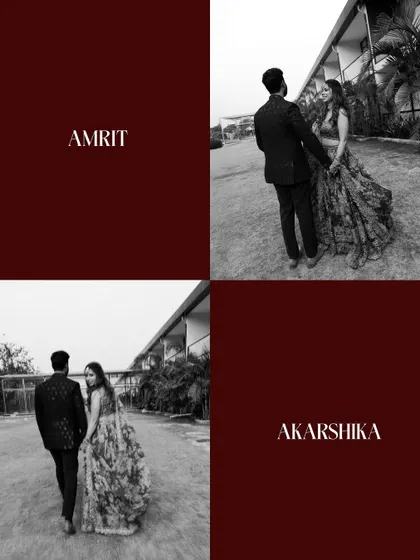 A stylish, graphic collage from a pre-wedding shoot, combining black and white photos with bold color blocks.