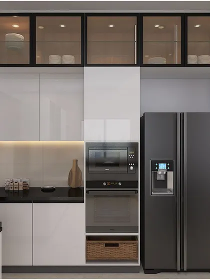 A modern kitchen appliance hub with a built-in oven and microwave, seamlessly integrated into high-gloss white cabinetry. The design also features a large side-by-side refrigerator.