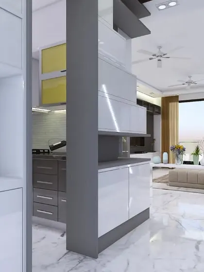 A view from the hallway into the open living area, showing the clean lines and modern aesthetic of the project.