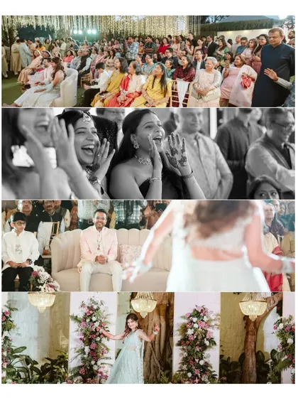A collage of moments from the Sangeet performances. It captures the bride's dance, the groom's reaction, and the joyful expressions of the audience.
