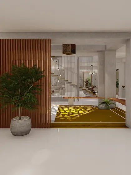 A modern take on a traditional temple courtyard, this space is designed as the serene core of the home. Natural light, indoor plants, and artistic wall decor create a peaceful and welcoming atmosphere.