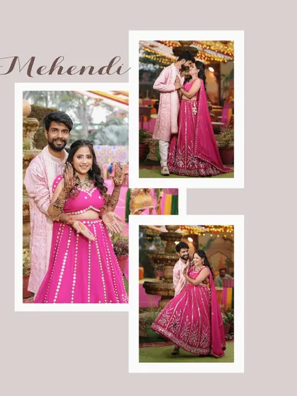 A collage of the couple's portraits from their Mehndi event, capturing their loving interactions and beautiful outfits.