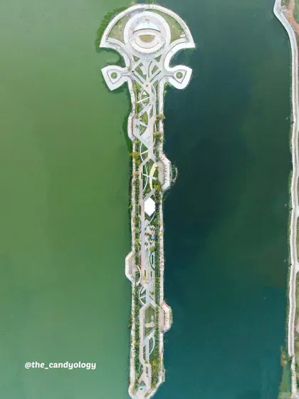 An interesting key-shaped structure in a lake in Dahod, Gujarat. Aerial photography often reveals surprising shapes and patterns that are invisible from the ground.