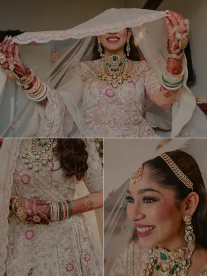A collage of bridal portraits, showing her playful personality as she peeks through her veil, and close-ups of her stunning jewelry.