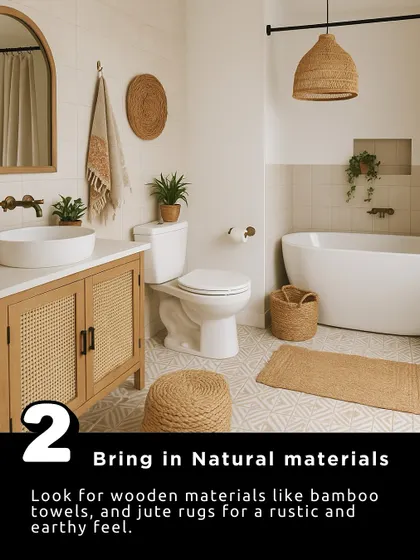An easy way to bring a natural, rustic feel to your bathroom is by using materials like wood and jute. This boho-inspired bathroom features a wooden vanity with a cane front, a jute rug, and woven baskets for a warm, earthy touch.