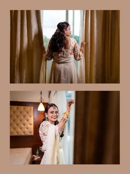 A collage of the bride getting ready by a window, the natural light creating a soft and beautiful effect.