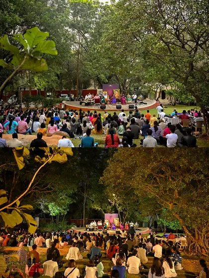 A day and night view of a satsang gathering in the outdoor amphitheater. Whether under the sun or the stars, coming together for music and wisdom is a core part of our community life.