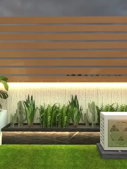 A clever 3D design solution for concealing an outdoor AC unit. The unit is hidden behind a planter box and a slatted wooden screen, which is integrated into the overall aesthetic.