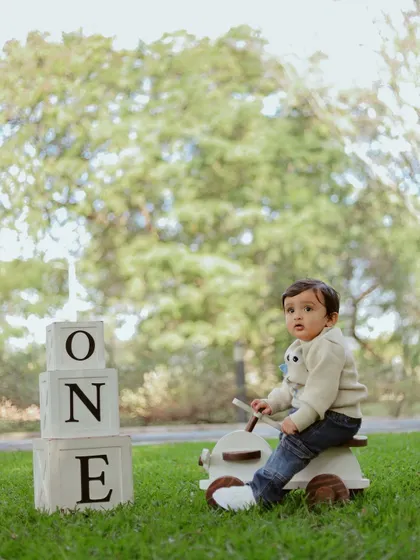 A one-year-old boy posing with 'ONE' blocks and a toy car in a lush green park.