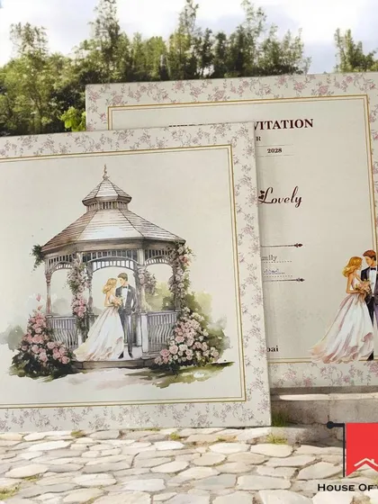 An illustrated couple theme wedding invitation, perfect for a romantic garden wedding. The design features a beautiful gazebo and floral details.