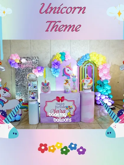 Sara's birthday was a magical escape into a unicorn dreamland. We used a rainbow and pastel color palette, with unicorn figures, a sparkling backdrop, and rainbow balloon arches to create a truly enchanting party.