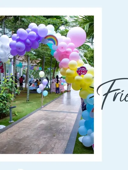 The entrance to a 'My Little Pony' party, featuring a rainbow balloon arch that leads guests into the magical world of Equestria.