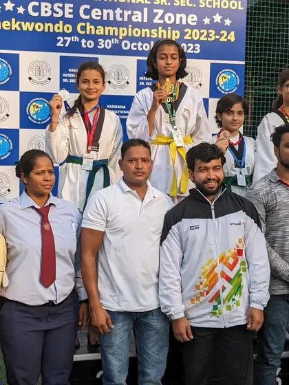 Our students on the podium at the CBSE Central Zone Taekwondo Championship.