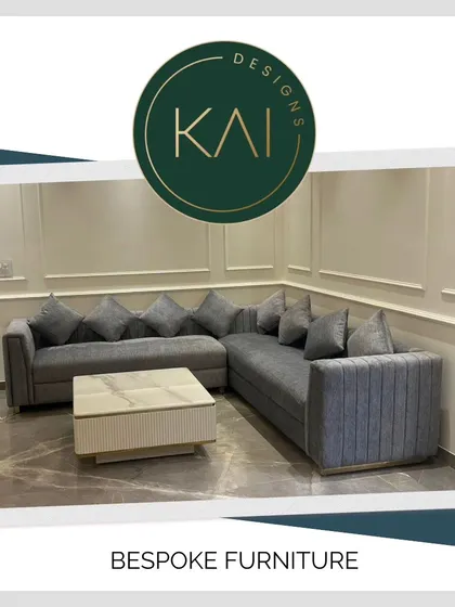 A graphic presentation of our grey L-shaped sectional sofa, highlighting its bespoke nature and suitability for modern living spaces.