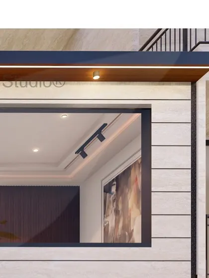 This render highlights the interplay of light and texture in the Palm Resorts foyer design. Track lighting on the ceiling and the stone-clad exterior wall create a sophisticated, gallery-like feel.
